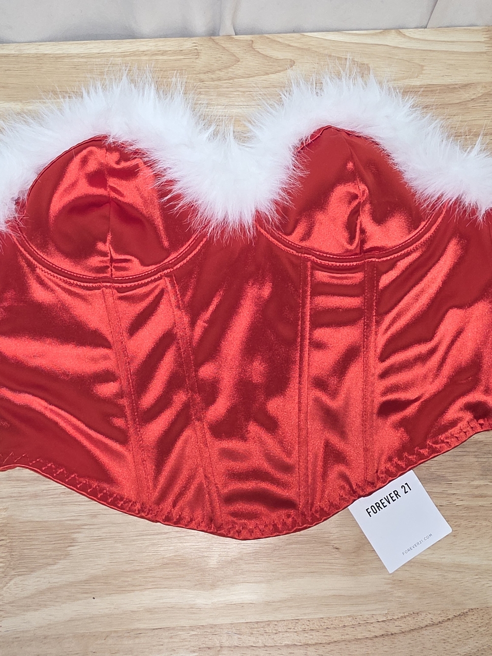 Forever 21 Red Satin Bustier with White Faux Fur Trim Lingerie Bra Size Large
